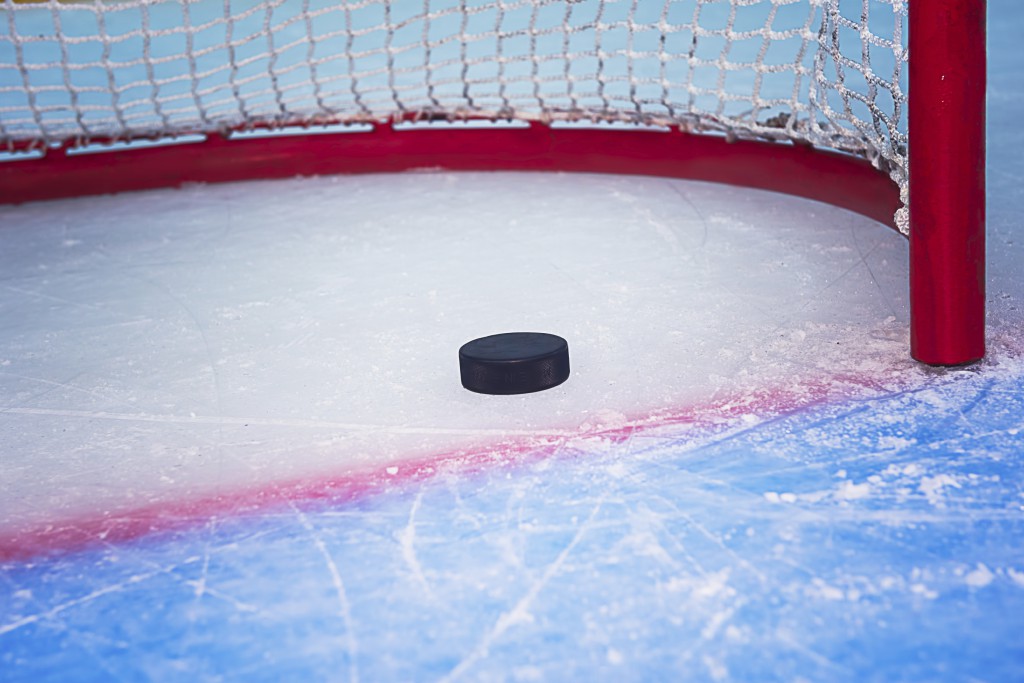 Hockey puck crossing red goal line. Close view